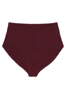 Maroon crochet bikini bottom with textured pattern and high-rise waistband.