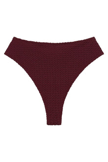 Maroon crochet bikini bottom with textured weave and high-cut leg design.