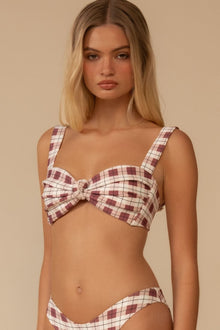 Maroon and white plaid bikini top with square neckline, thin shoulder straps, and center bow detail.