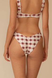 Maroon and cream argyle plaid bikini bottom with V-shaped waistband and zig-zag stitching detail.