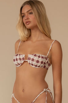 Maroon and cream plaid bikini top with petal-shaped cups and thin shoulder straps.
