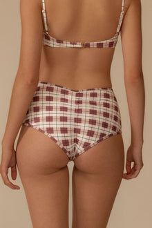 Maroon and cream plaid bikini bottom with high-waisted fit and gold hardware detail.