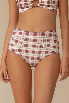 Maroon and cream plaid bikini bottom with back pockets and high-waisted fit.
