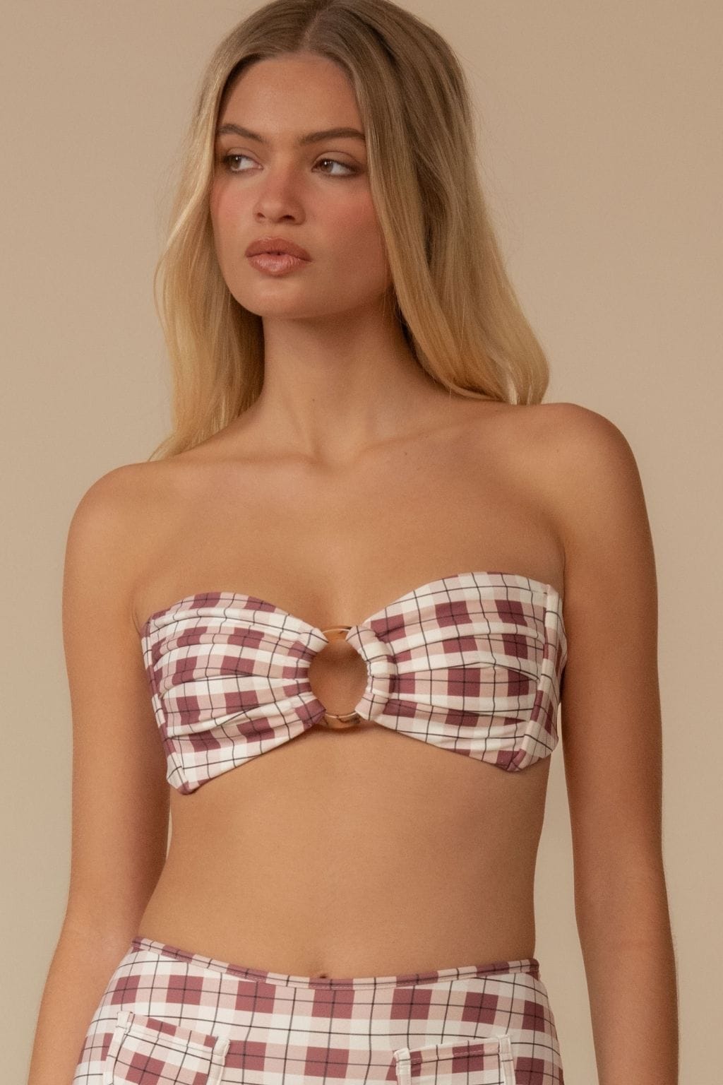 Maroon and cream plaid bandeau bikini top with tie closure at center front.