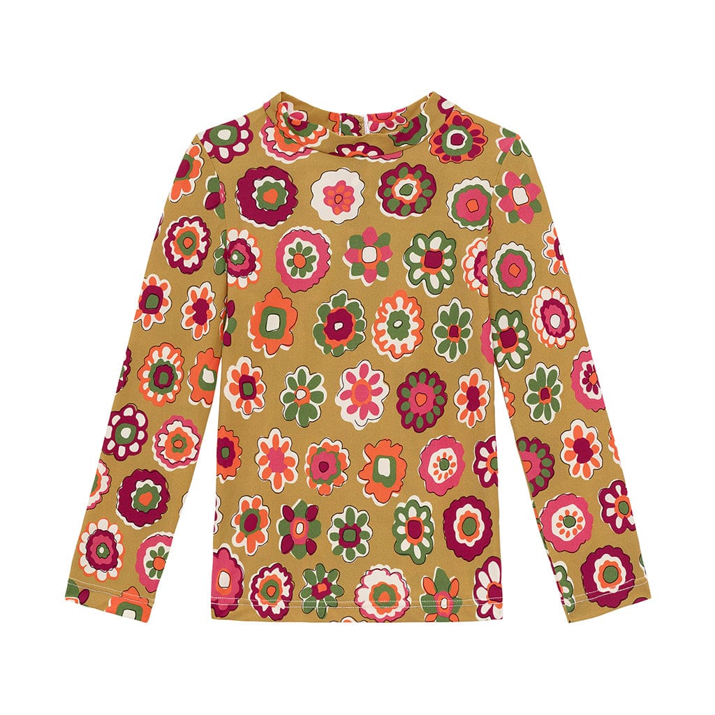 Tan long-sleeve rashguard with red, pink, green, and white floral print throughout.