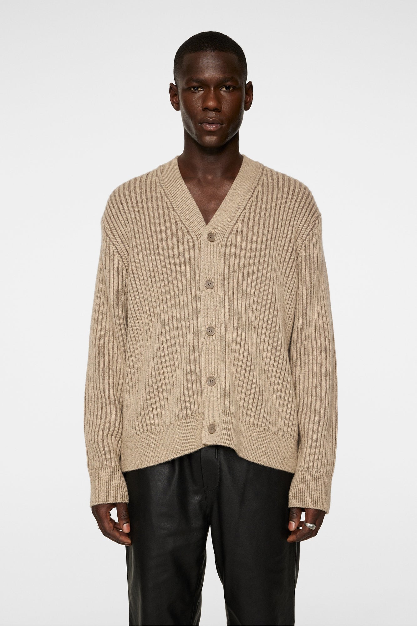 Men | Twin Plated Knit Cardigan | Tiger Brown