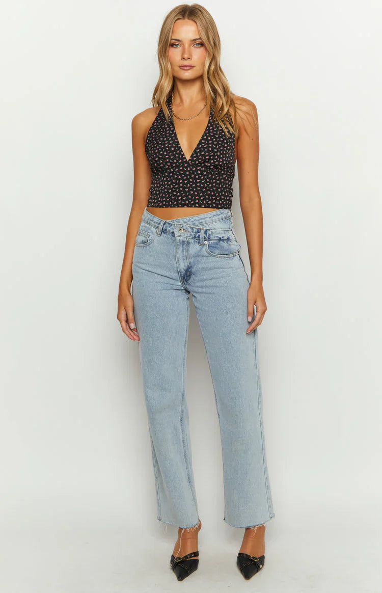 Midnight Blossom Floral Crop Top | Black