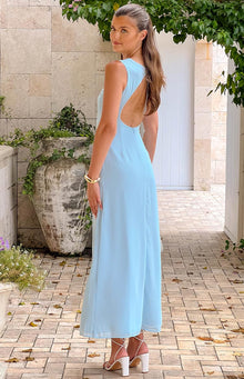 Beginning Boutique Misty Light Blue Maxi Dress misty light blue sleeveless maxi dress with a low open back and flowing skirt