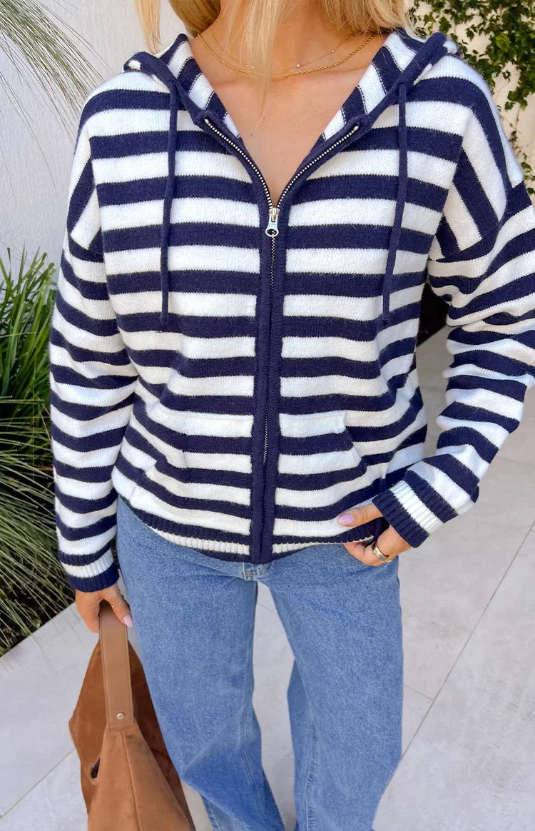 Mollie Knit Zip Sweater | Navy Stripe