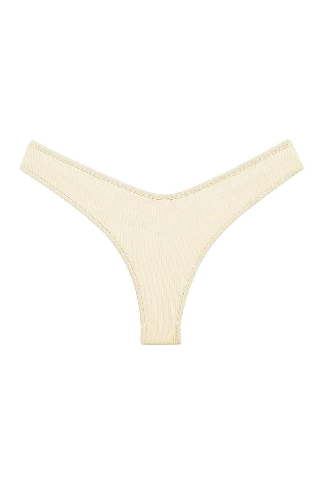 Cream ribbed bikini bottom with thong style cut and stitched waistband.