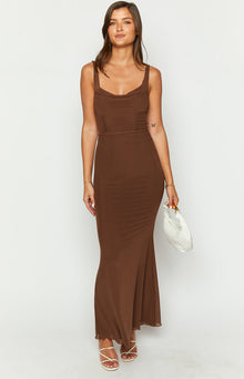 Myah Corset Mesh Maxi Dress | Brown