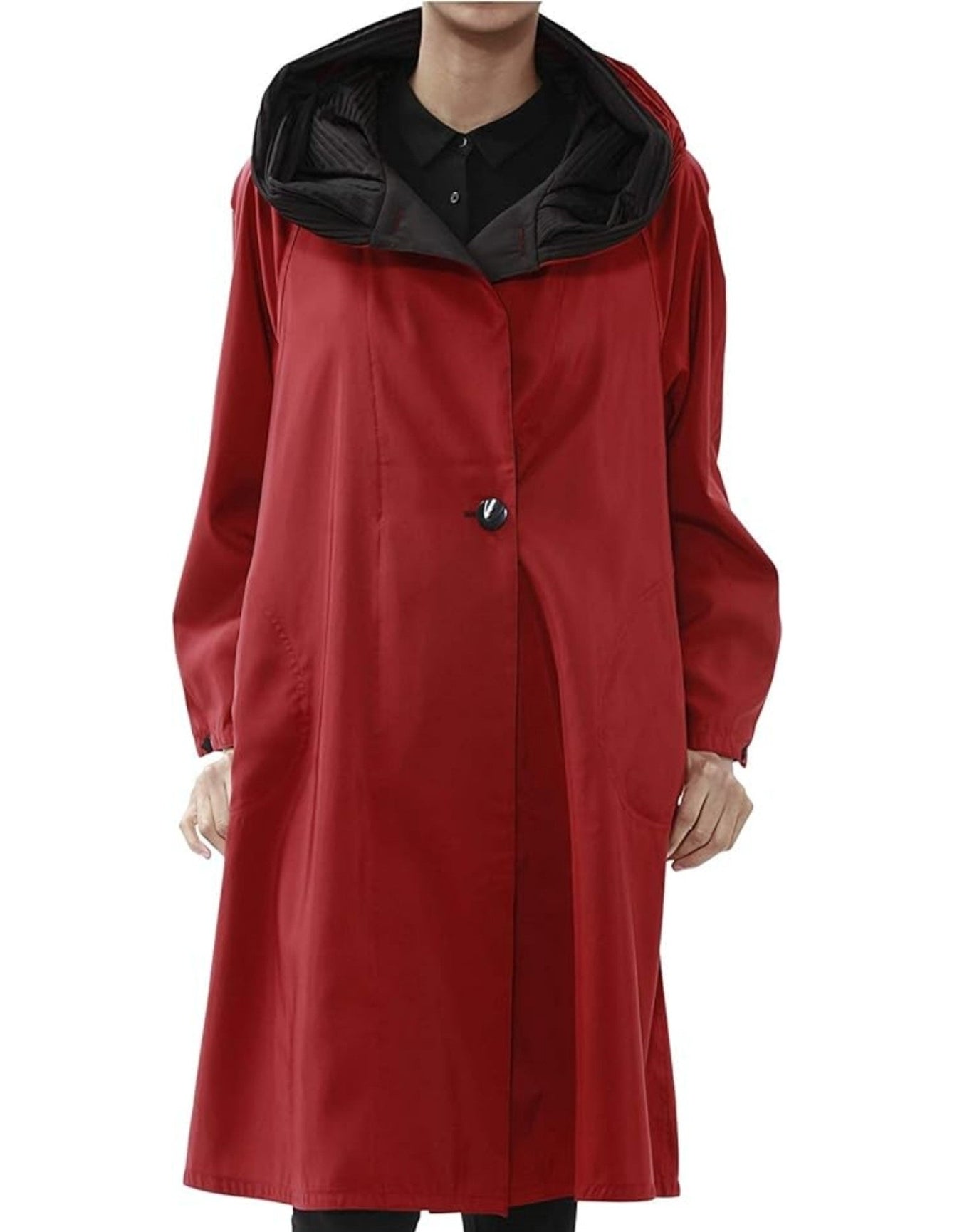 Mycra Pac | Women | Reversible Raincoat With Signature Pleated Hood (Tea Length) | Red/Black