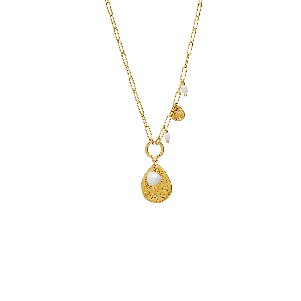 Gold Floral Etched Pearl Charm Necklace - Adina's Jewels