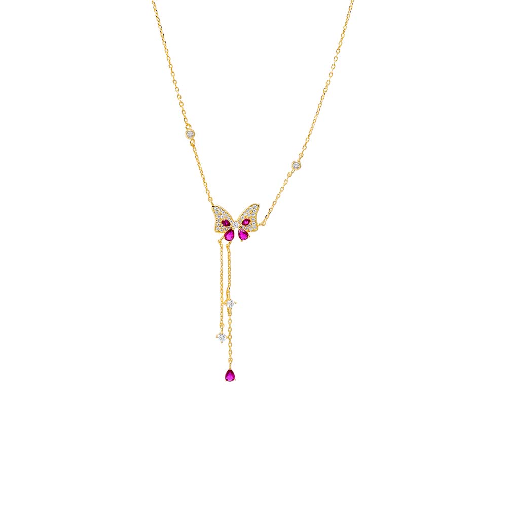 Sapphire Pink Colored Pave Butterfly CZ Station Lariat Necklace - Adina's Jewels