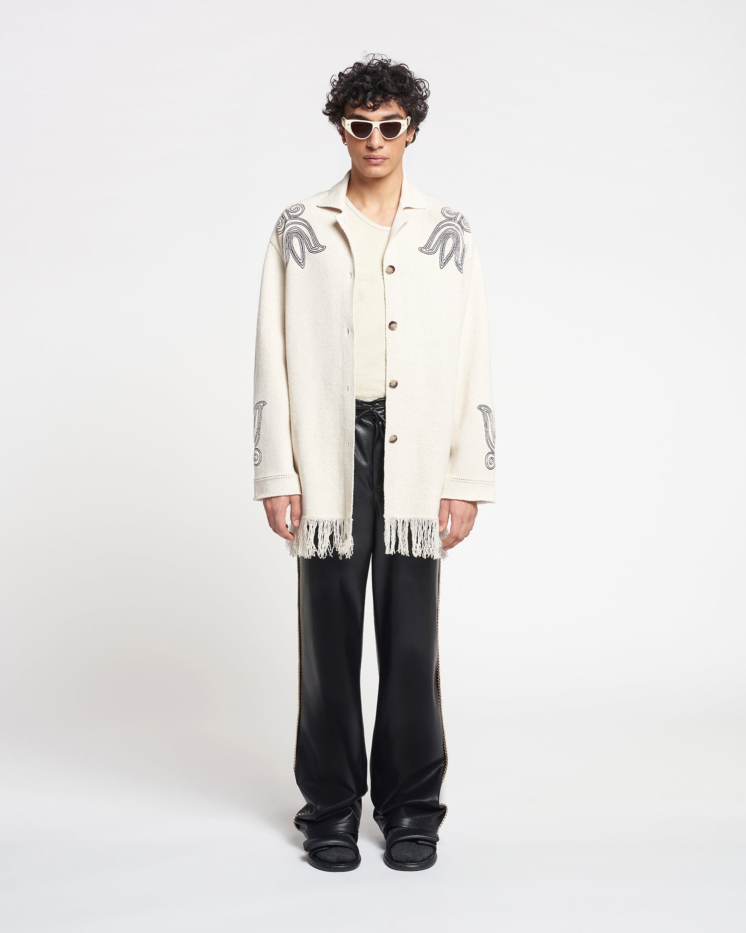 Dillian Embroidered Textured-Linen Cardigan | Natural/Black