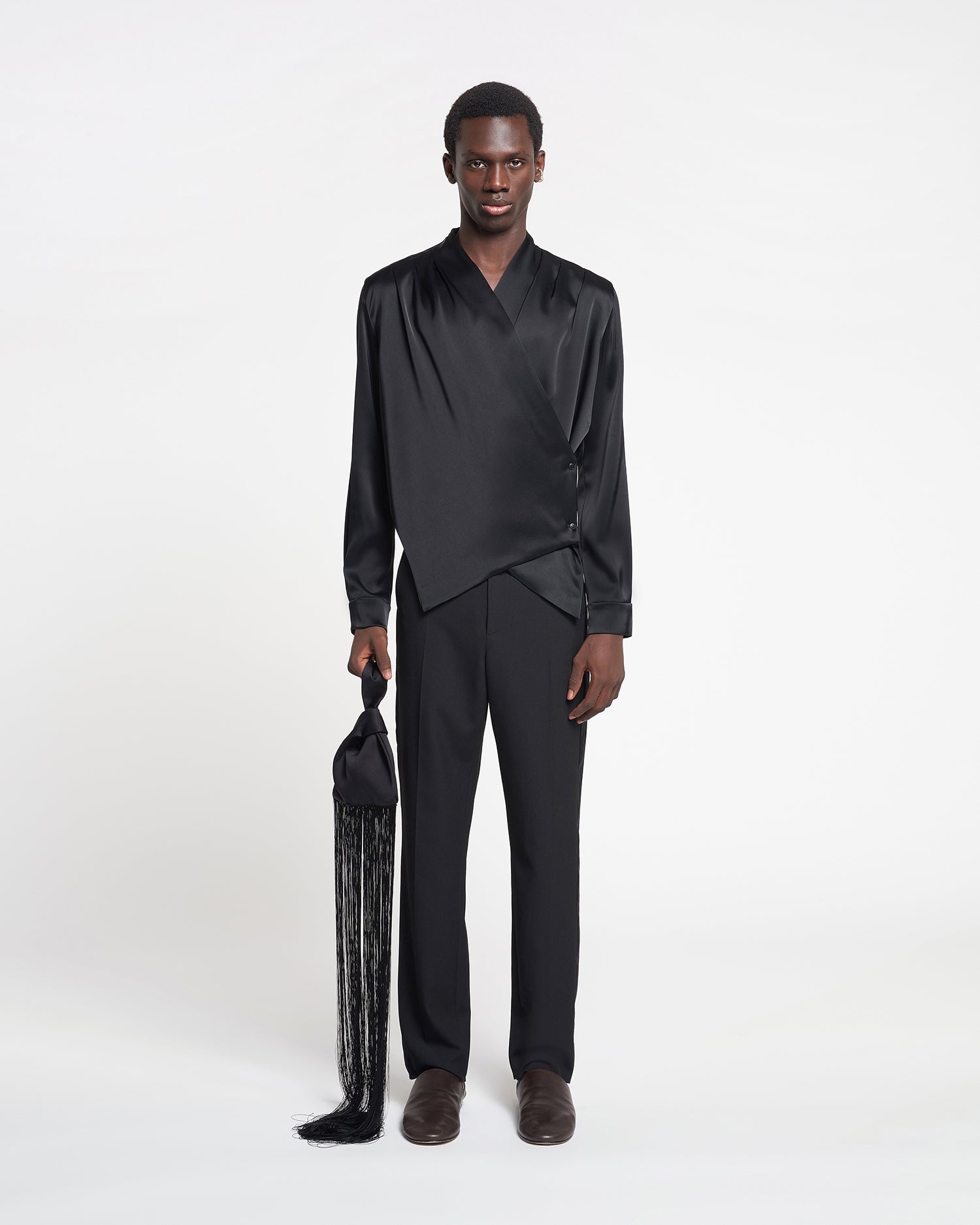 Tebbe Slip Satin Wrap Shirt | Black