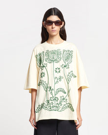 Unisex | Wren Embroidered Cotton-Jersey T-Shirt | Creme/Green