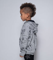 Kid | Scribbled Skulls Zip Hoodie | Heather Grey