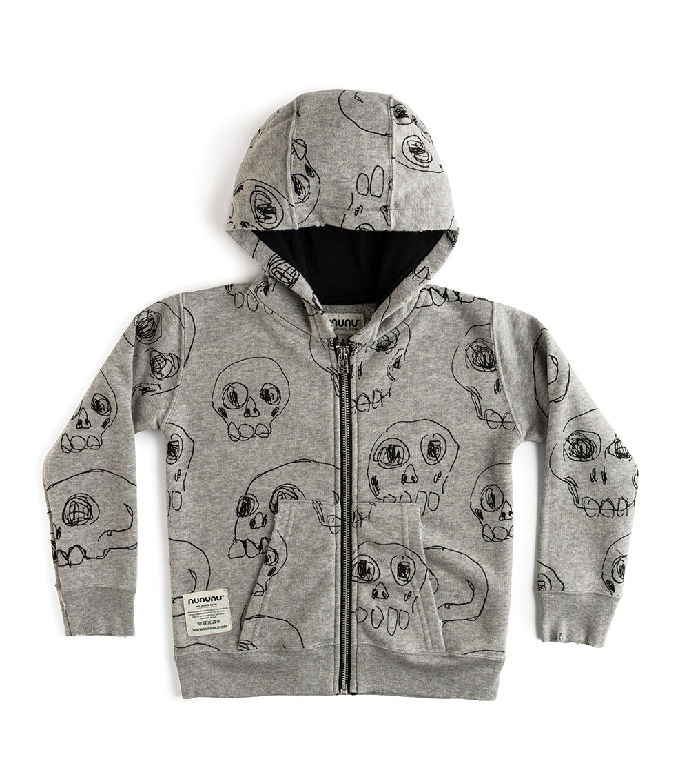 Kid | Scribbled Skulls Zip Hoodie | Heather Grey