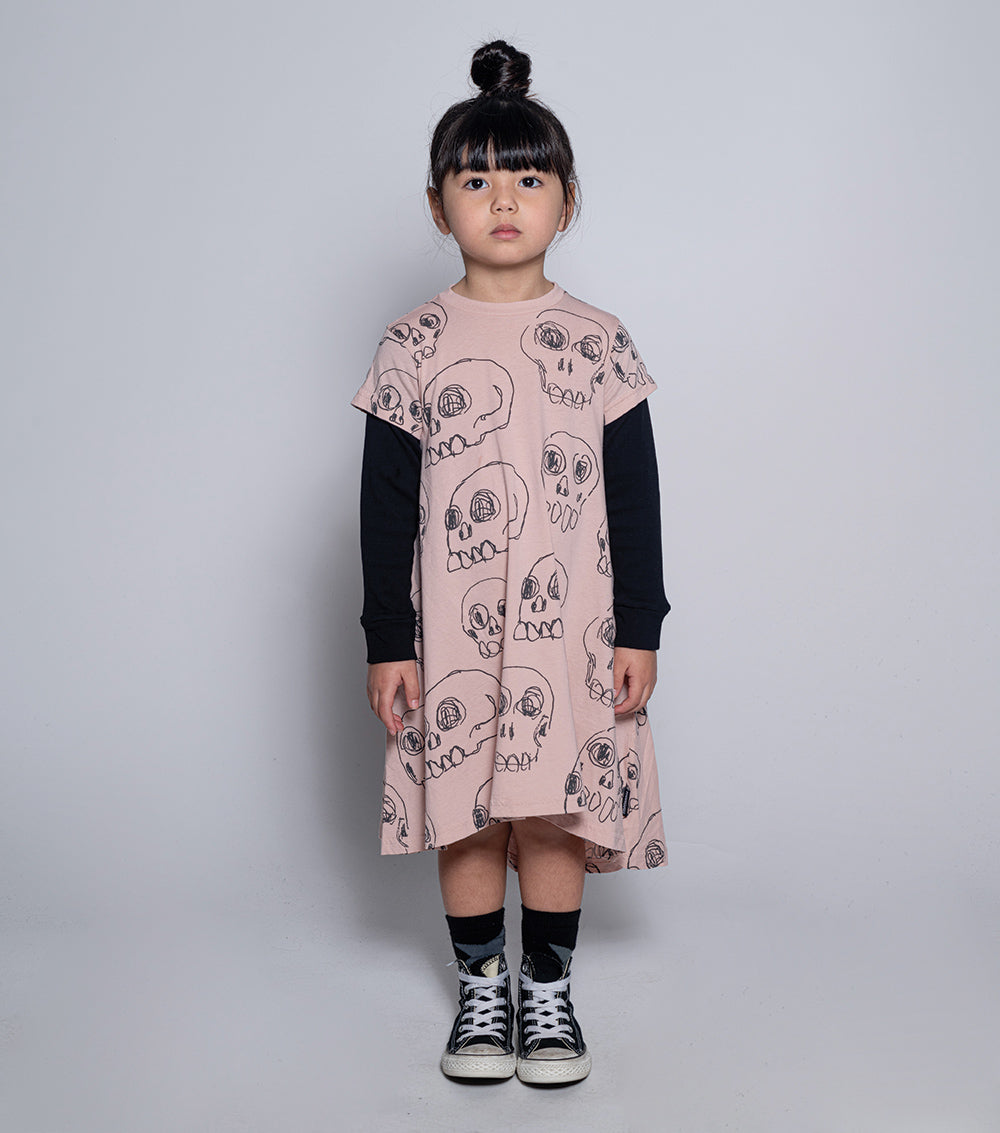 Kid | Scribbled Skulls 360 Dress | Powder Pink