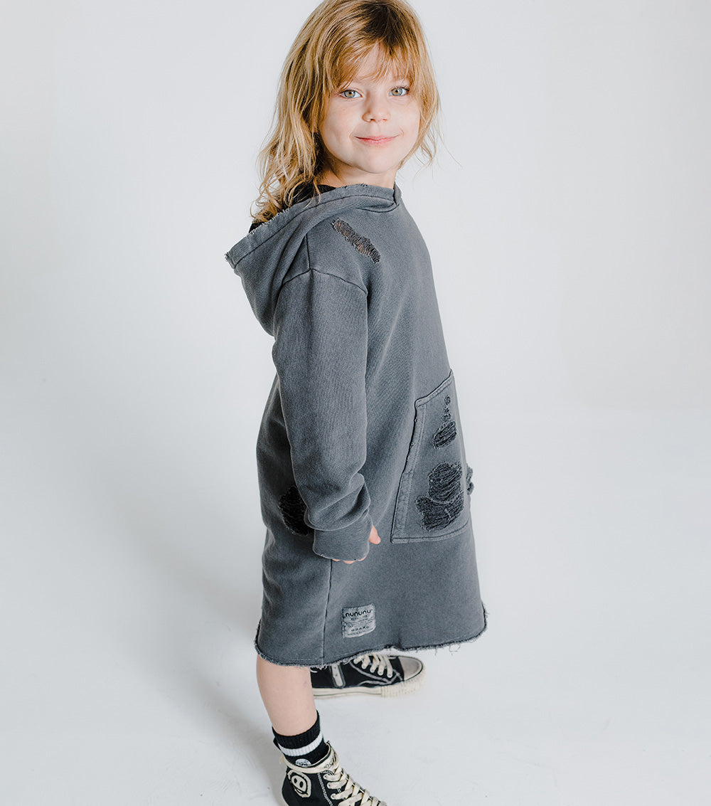 Kid | Deconstructed Hooded Dress | Dyed Graphite