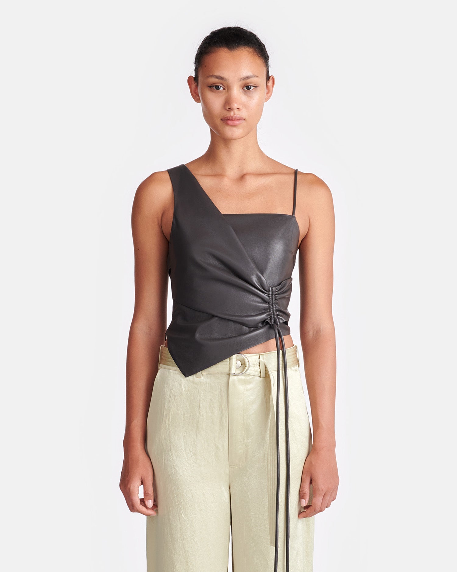 Chudel Asymmetric Okobor Alt-Leather Top | Midnight Green