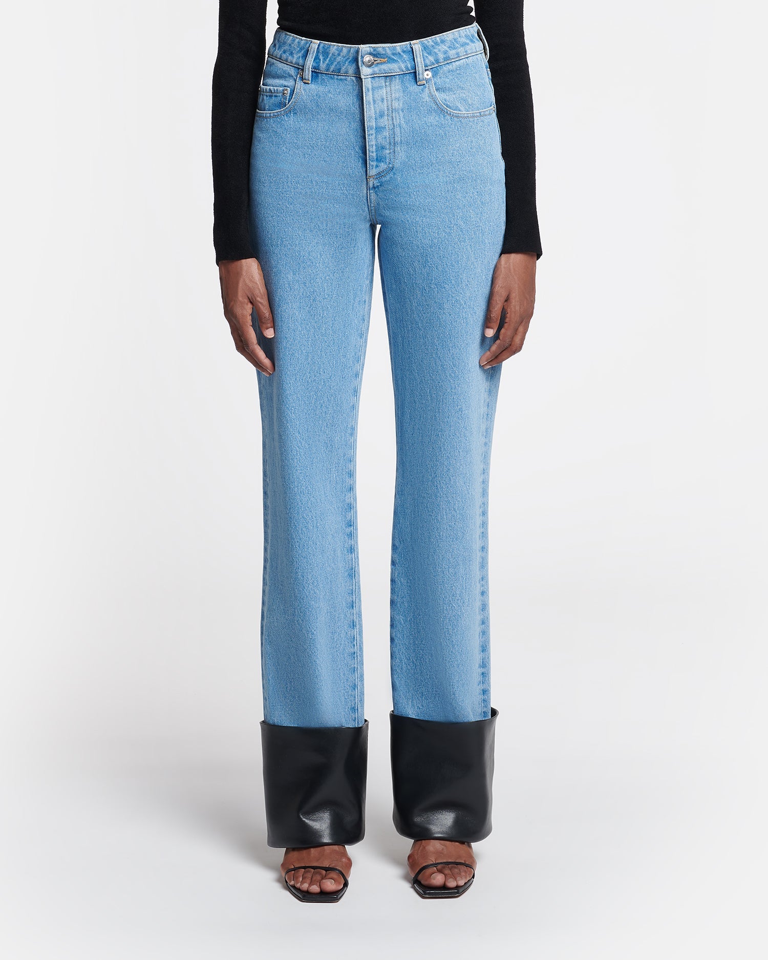 Raynee Leather-Trimmed Straight-Leg Jeans | Mid Blue