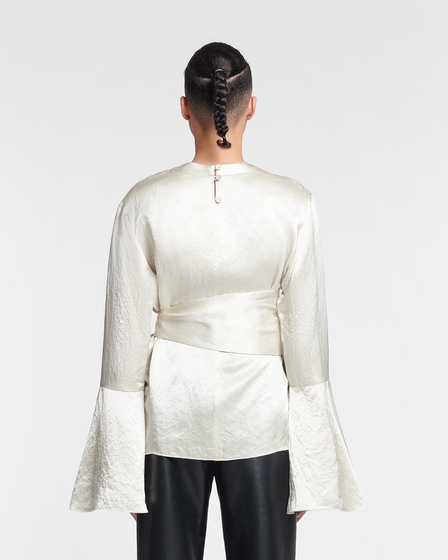 Ilone Belted Crinkled-Satin Top | Ecru