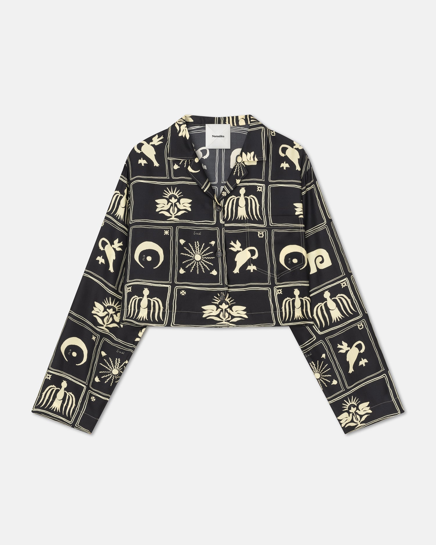 Vally Cropped Printed Silk-Twill Shirt | Folk Art Black