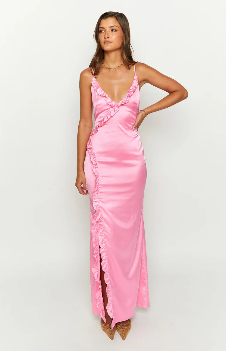 Nahanee Satin Ruffle Maxi Dress | Pink