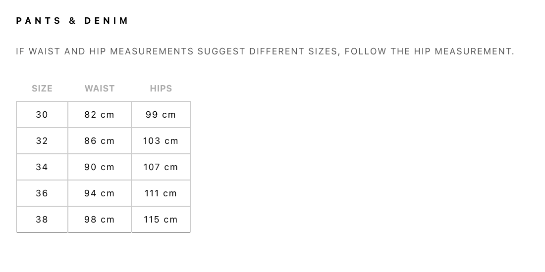 Product size guide