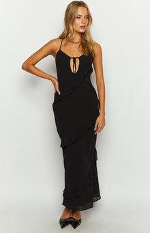 Black chiffon maxi dress with a tie-front keyhole cutout and cascading ruffle details