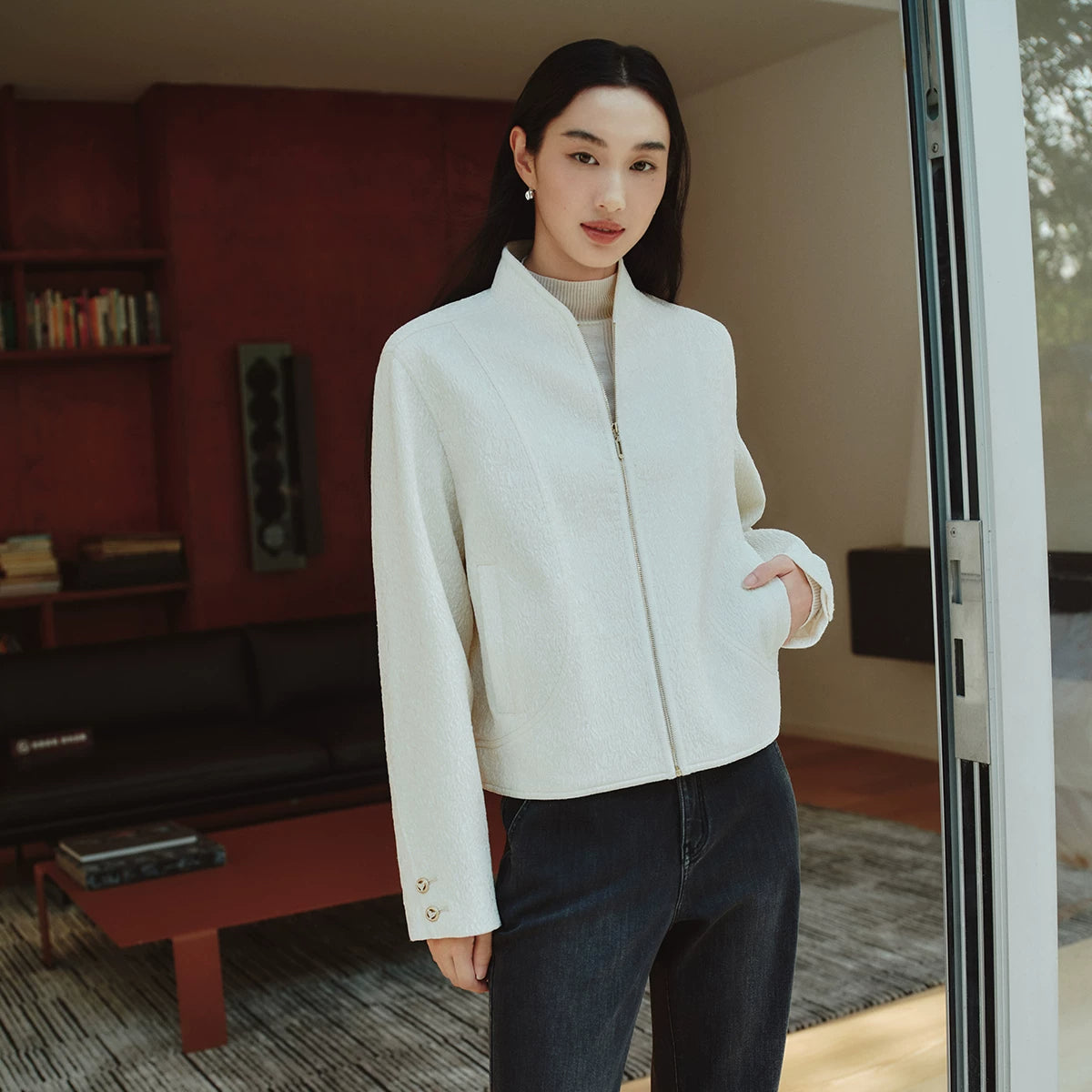 Wool Stand Collar Embroidered Coat | White