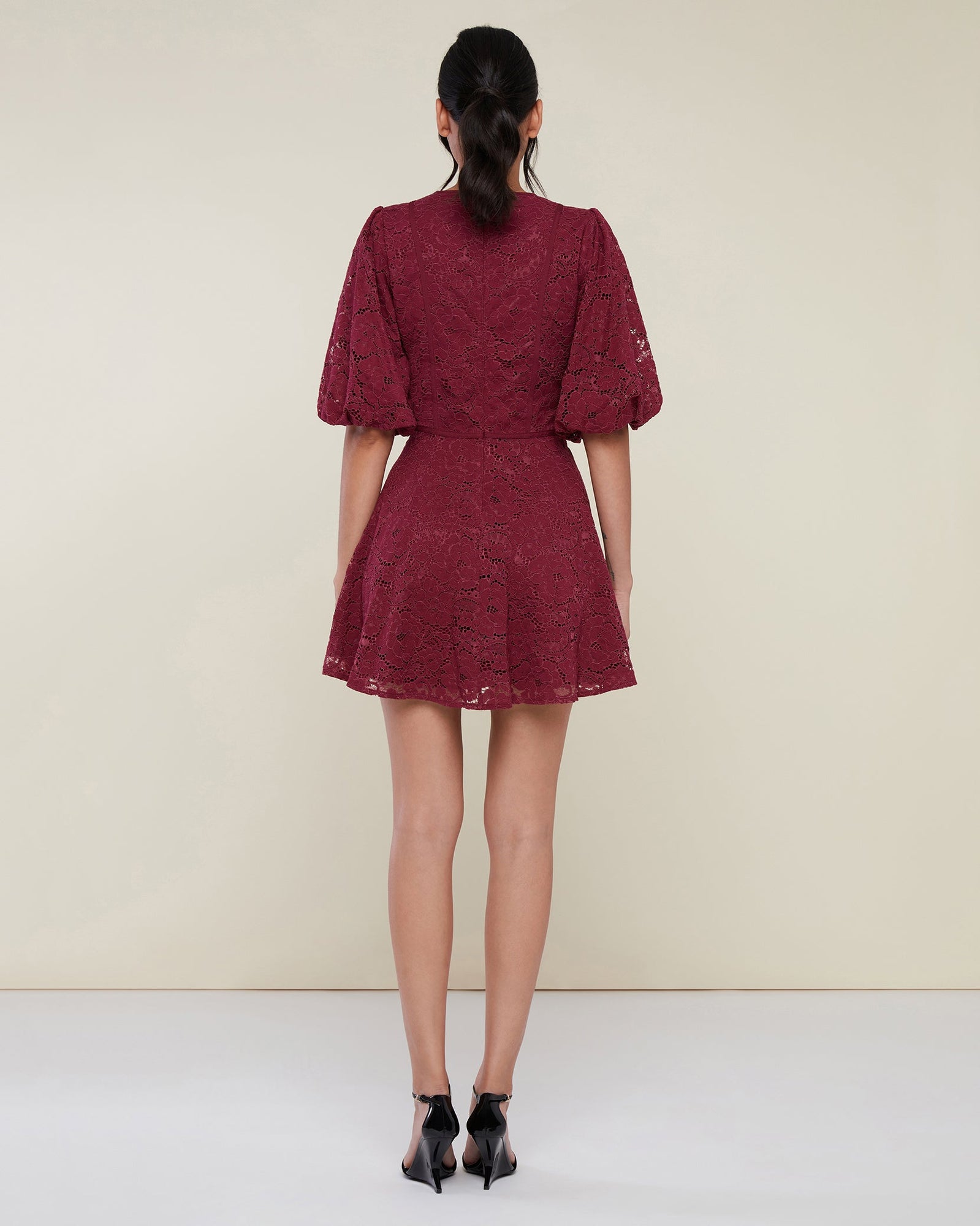 V-Neck Puff Sleeve Mini Dress | Wine Red