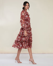 Smocked Ruffle Midi Dress | Wine Red Floral