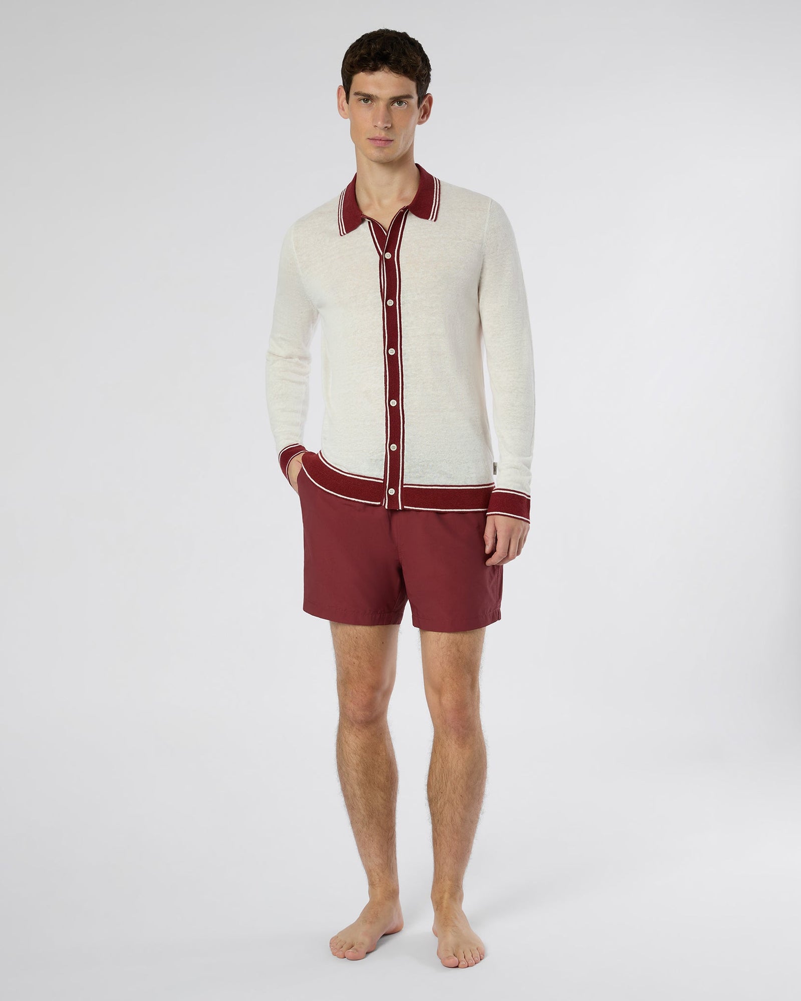 Mens | Linen Long Sleeve Sweater Polo | Salt/Brick