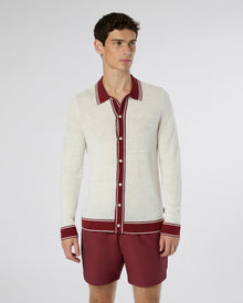 Mens | Linen Long Sleeve Sweater Polo | Salt/Brick