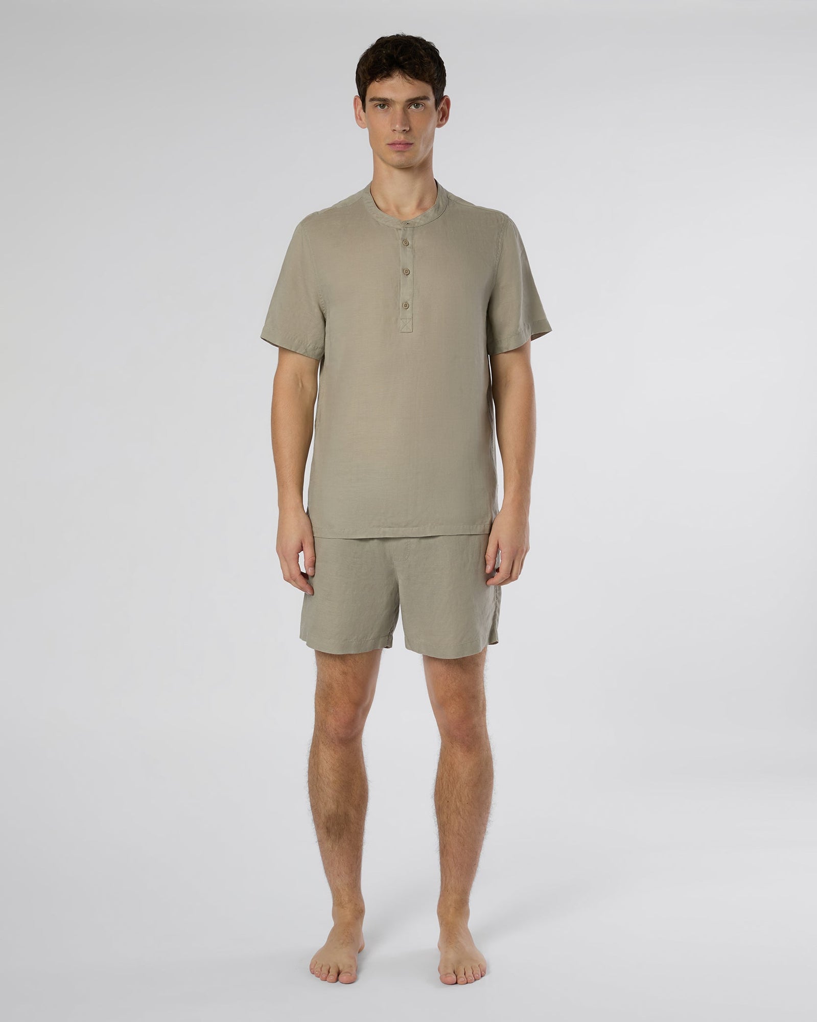 Mens | Linen Home Short Sleeve Henley Shirt | Cashew