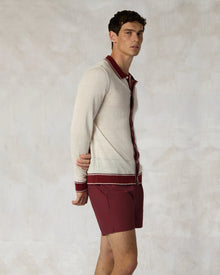 Mens | Linen Long Sleeve Sweater Polo | Salt/Brick