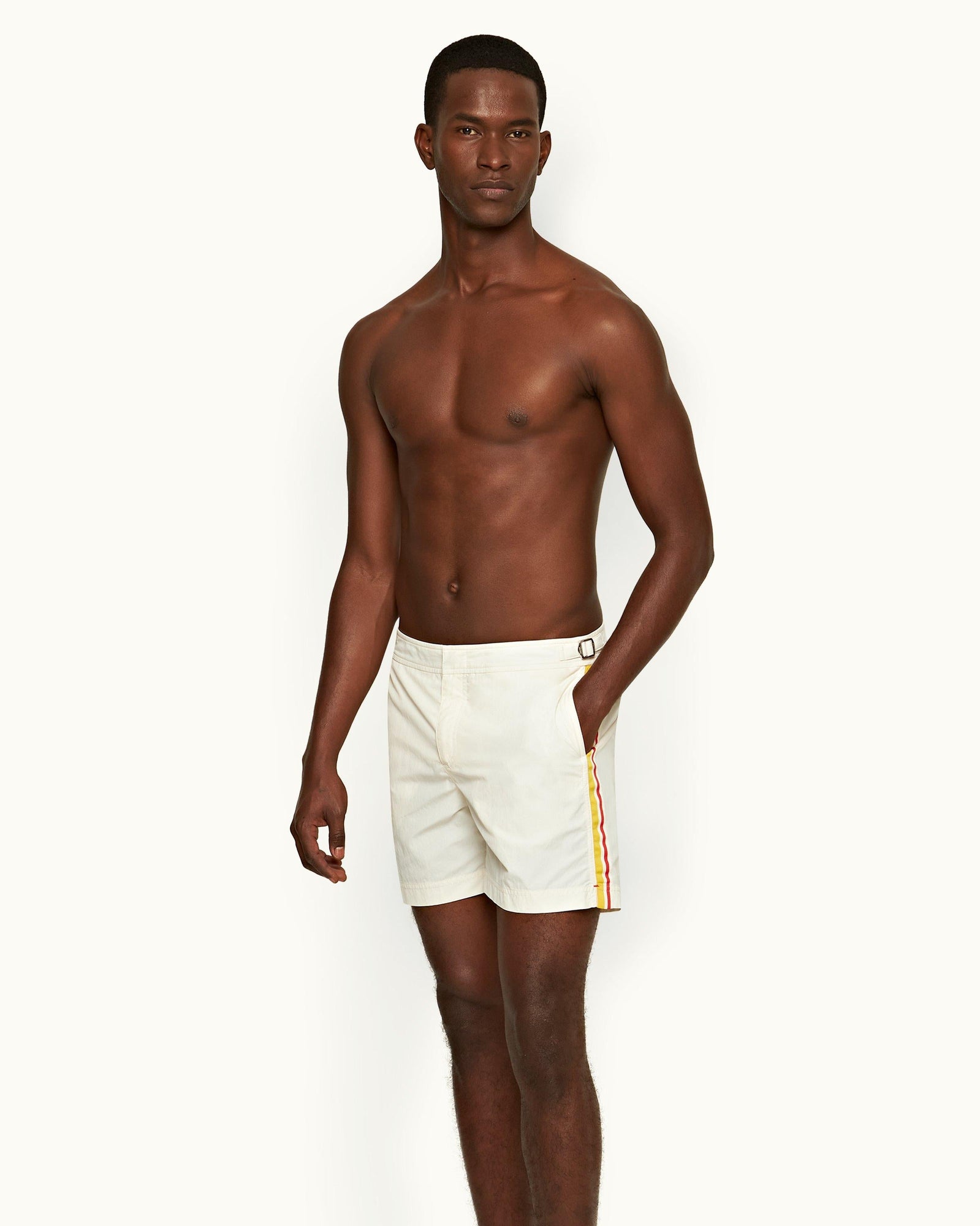 Bulldog White Sand Palm Stripe Tape Mid-Length Swim Shorts | White Sand