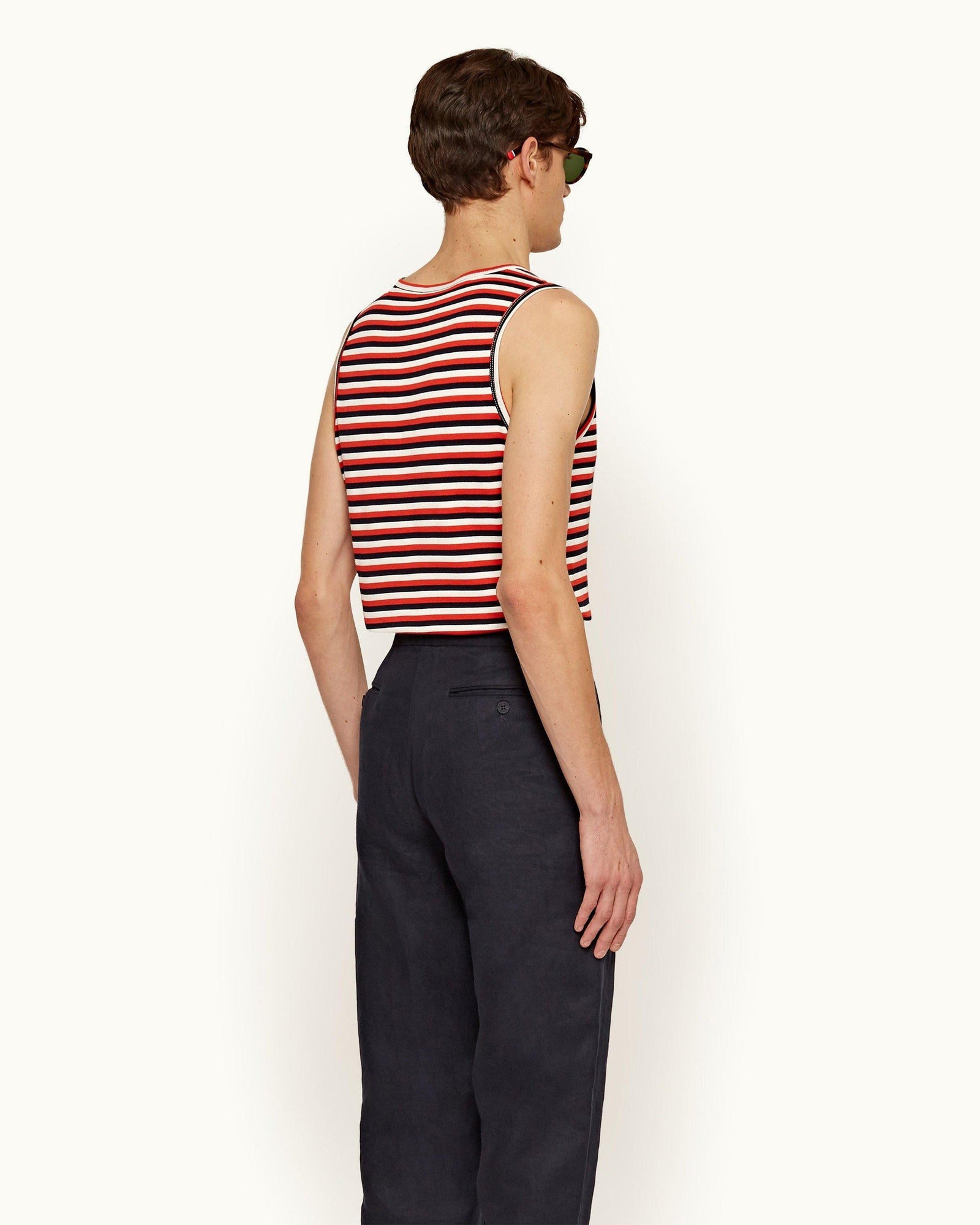 Cherbury Ink/Summer Red/White Sand Stripe Sleeveless Cotton T-shirt | Ink/Summer Red/White Sand