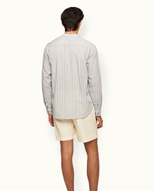 Island Sky/White Grandad Collar Stripe Cotton Shirt | Island Sky/White