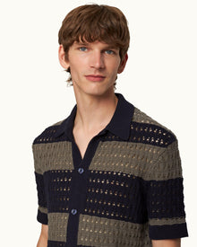 Midnight Navy/Grey Stripe Crochet Knit Shirt | Midnight Navy/Grey