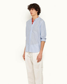 Ice Blue/White Grandad Collar Classic Stripe Shirt | Ice Blue/White