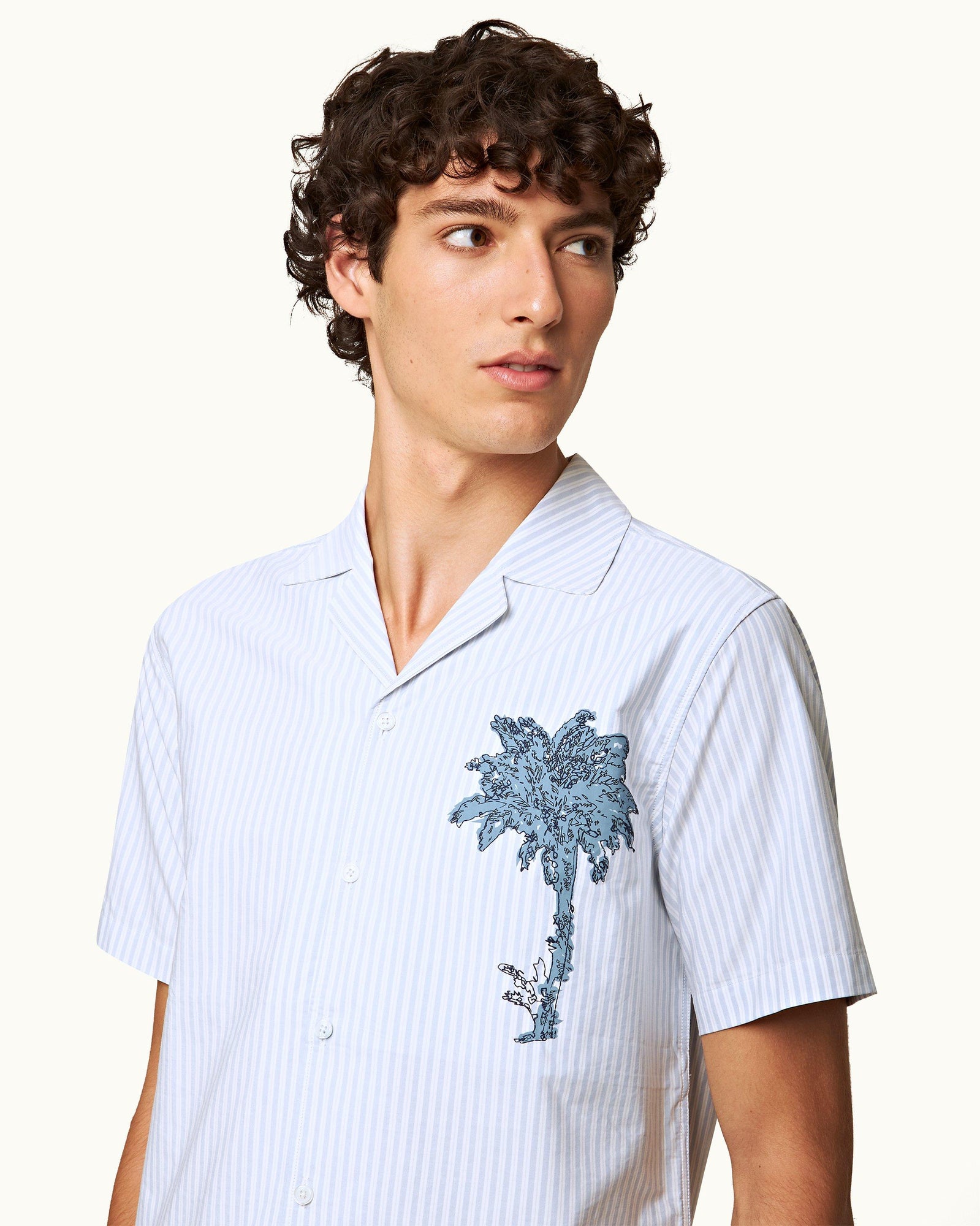 Light Island Sky/White Stripe Palm Embroidery Capri Collar Cotton Shirt | Light Island Sky/White