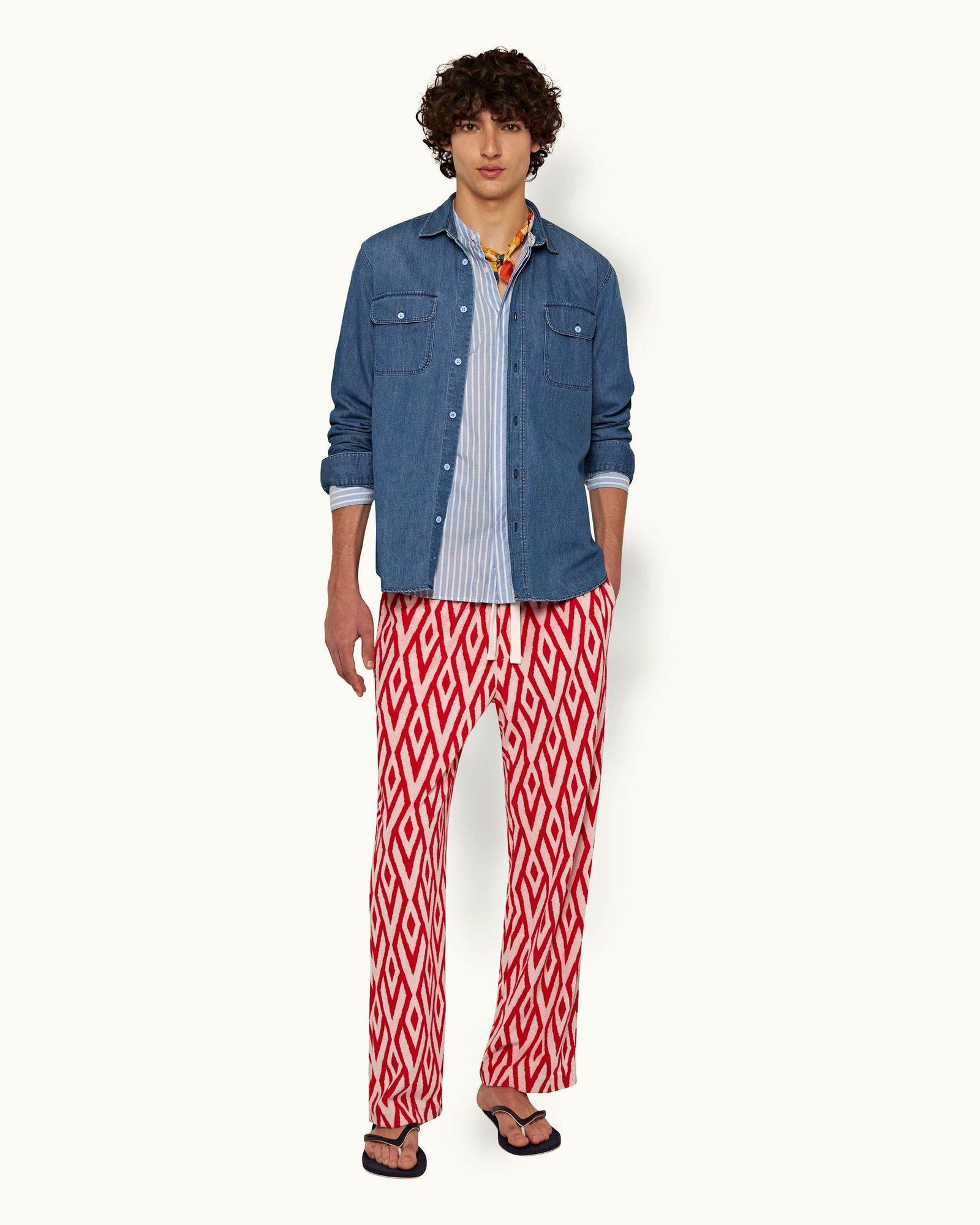 Summer Red/White Sand Cano Geometric Jacquard Relaxed Fit Trousers | Summer Red/White Sand