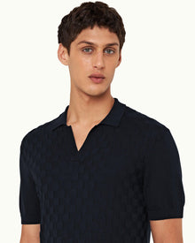Horton Silk Night Iris Checkerboard Resort Placket Silk Polo Shirt | Night Iris