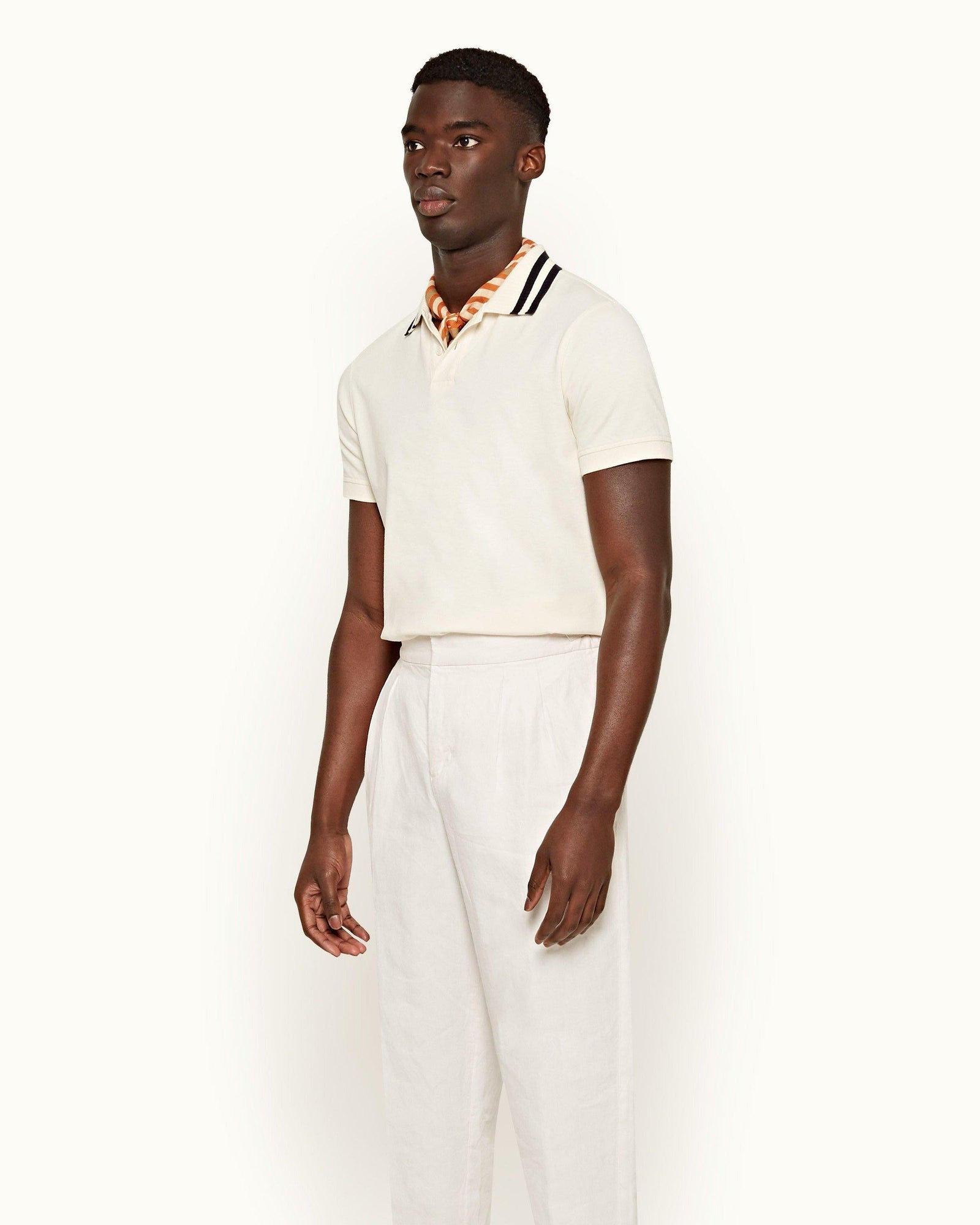 Jarrett White Sand Classic Fit Stripe Tipped Collar Cotton Polo Shirt | White Sand