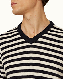 Nicolas Towelling Ink/Cloud Relaxed Fit Towelling Stripe V-Neck T-shirt | Ink/Cloud