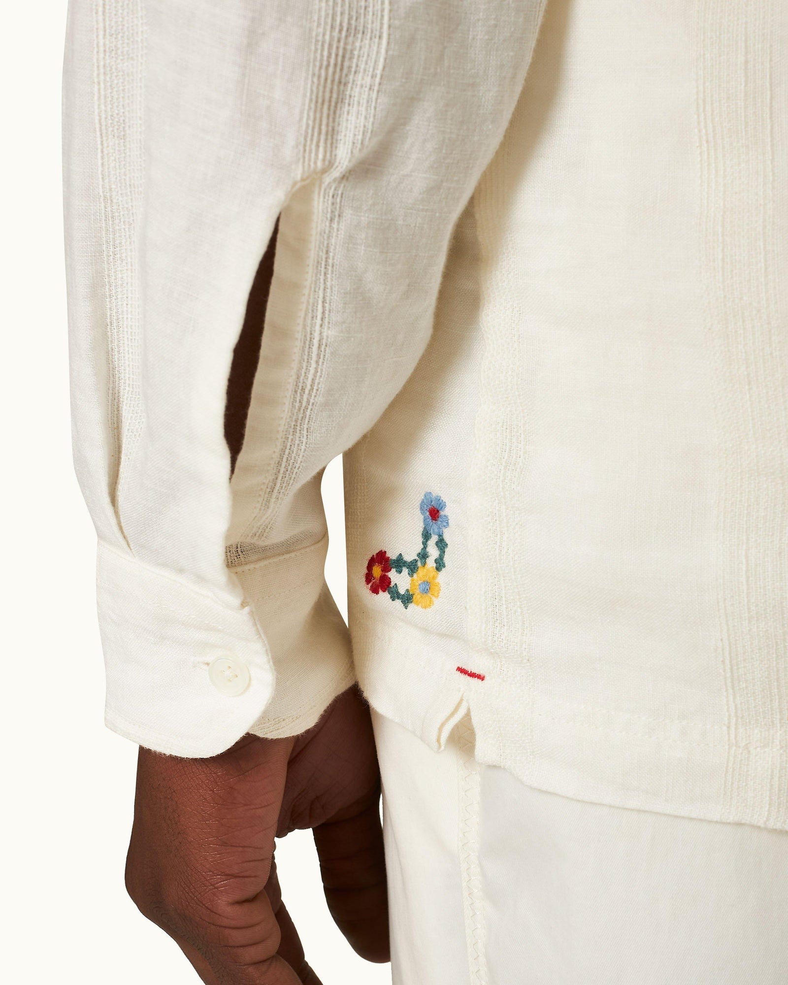 Ridley White Sand Relaxed Fit Overhead Embroidered Yoke Linen Shirt | White Sand